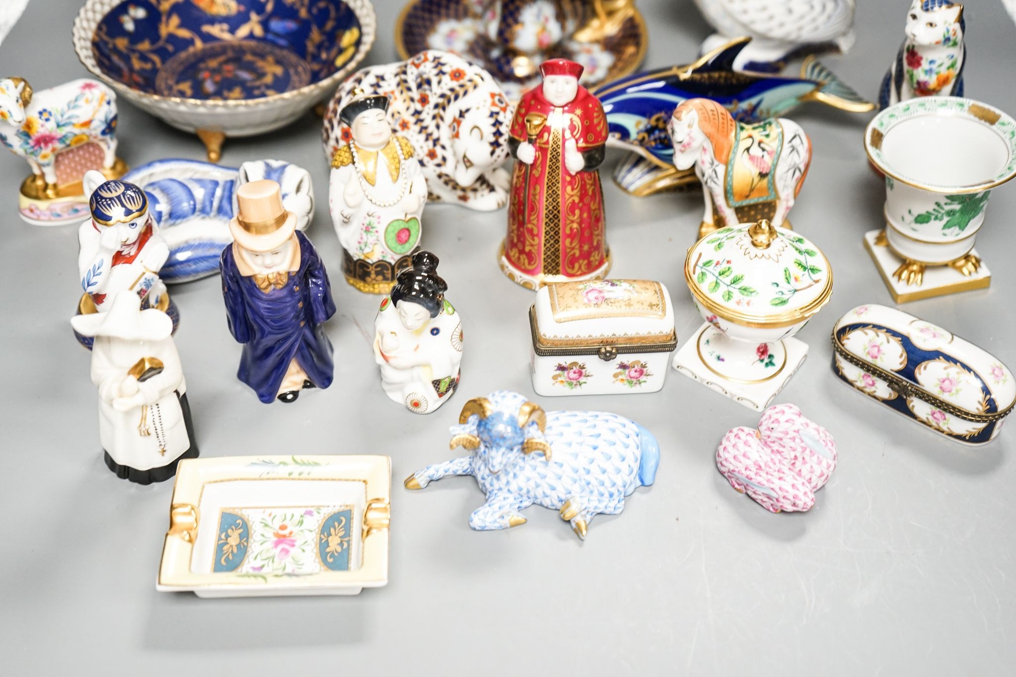 Royal Worcester and other ceramic ornaments including nun candle extinguisher, three Royal Crown Derby paperweights and Herend. Boxes included